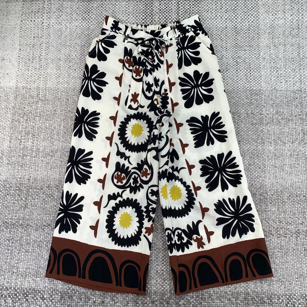 Eliane Rose Wide Leg Floral Crop Pants Black White Brown M Tie Waist Culottes